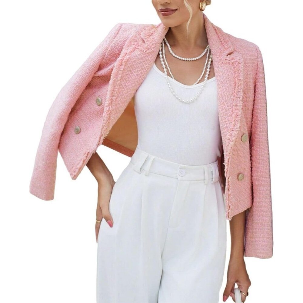Women's Tweed Blazer Elegant Double-Breasted Open Front Jacket Pockets - Picture 4 of 6
